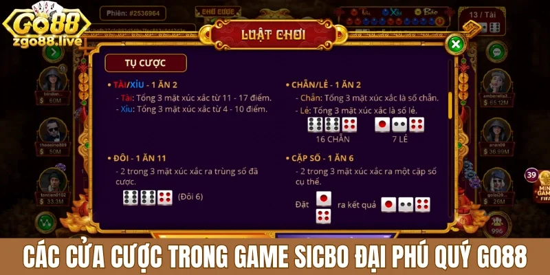 Các cửa cược trong game sicbo đại phú quý Go88