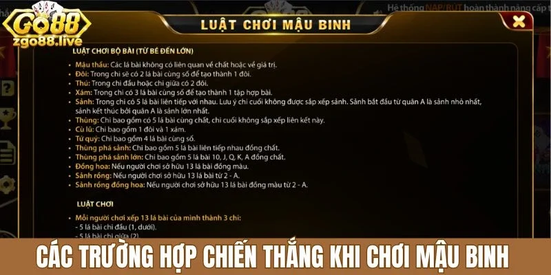 Các trường hợp chiến thắng khi chơi mậu binh