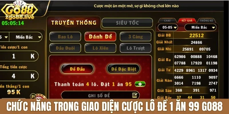 Chức năng trong giao diện cược lô đề 1 ăn 99 Go88